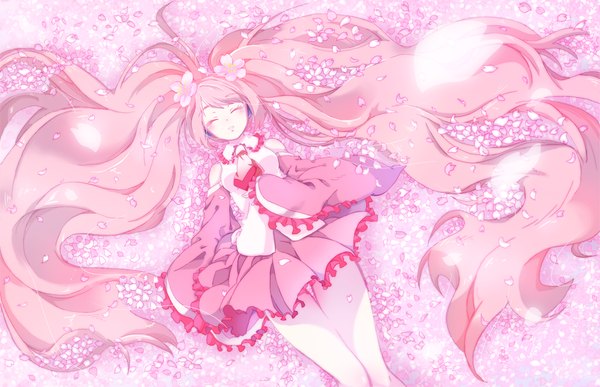 Anime picture 1295x836 with vocaloid hatsune miku sakura miku maeba (tata3n) single twintails bare shoulders pink hair lying eyes closed very long hair hair flower girl dress hair ornament flower (flowers) detached sleeves petals headphones