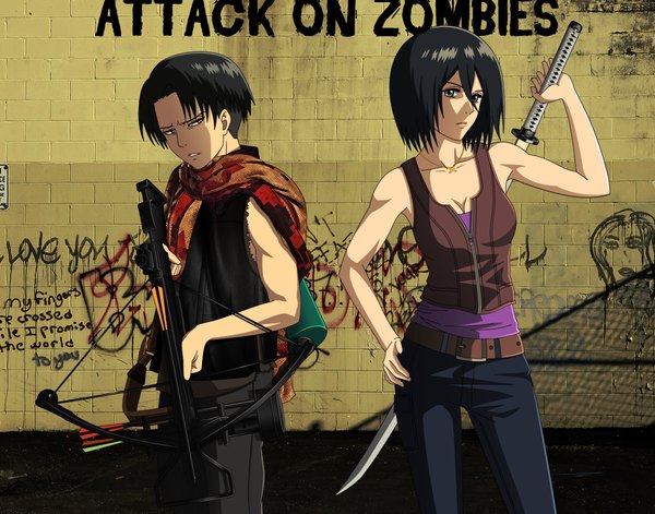 Anime picture 2270x1782 with shingeki no kyojin production i.g mikasa ackerman levi (rivaille) tagme (artist) looking at viewer highres short hair black hair bare shoulders pink eyes inscription muscle against wall graffiti girl boy weapon sword scarf
