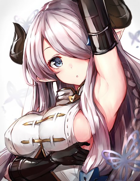 Anime picture 1200x1550 with granblue fantasy narmaya (granblue fantasy) watao single long hair tall image looking at viewer blush fringe breasts blue eyes light erotic simple background large breasts white background upper body braid (braids) parted lips arm up horn (horns)