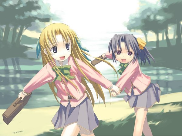 Anime picture 1024x768 with canvas (anime) sakurazuka ren saginomiya ai long hair short hair open mouth blonde hair standing purple eyes multiple girls holding blue hair sky outdoors long sleeves pleated skirt looking back holding hands running girl