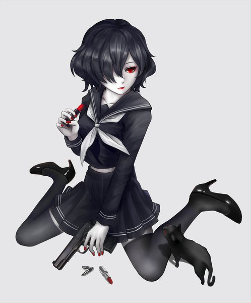 Anime picture 1983x2389 with original ao aka maou single tall image fringe highres short hair black hair simple background red eyes sitting looking away full body nail polish pleated skirt hair over one eye grey background high heels lipstick wariza