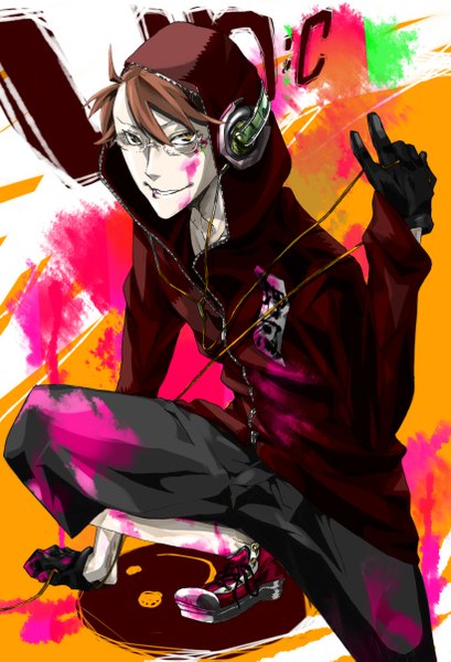 Anime picture 1644x2409 with original pixiv1671719 tall image smile brown hair piercing pale skin face paint boy gloves shoes jacket headphones hood wire (wires) sneakers paint
