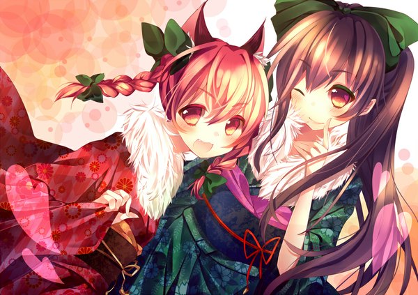 Anime picture 1000x706 with touhou reiuji utsuho kaenbyou rin kusada souta long hair blush open mouth smile red eyes brown hair multiple girls animal ears red hair braid (braids) traditional clothes japanese clothes one eye closed wink cat ears girl