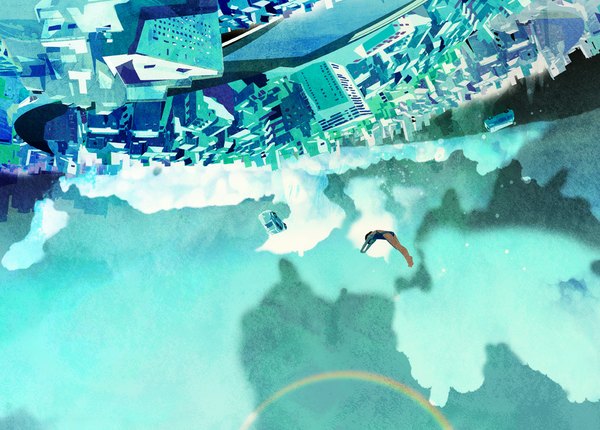 Anime picture 1049x753 with original kudamono790 single sky cloud (clouds) city cityscape jumping upside down girl swimsuit water ground vehicle car rainbow