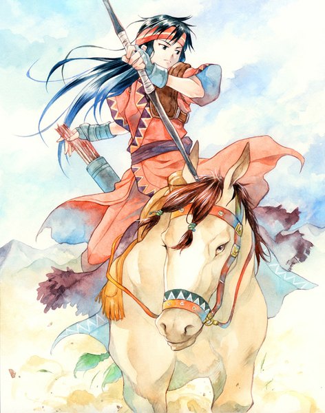 Anime picture 630x801 with fire emblem fire emblem: the binding blade sue (fire emblem) agahari single long hair tall image black hair looking away sky black eyes traditional media watercolor (medium) riding girl gloves weapon animal hairband fingerless gloves