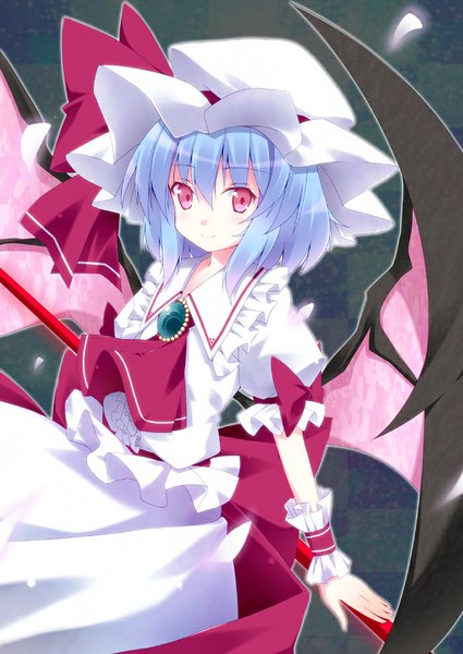 Anime picture 700x989 with touhou remilia scarlet kurono yuzuko single tall image looking at viewer blush fringe short hair smile red eyes blue hair bat wings girl wings bonnet neckerchief brooch spear the gungnir