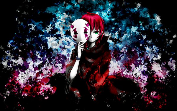Anime picture 1920x1200 with deadman wonderland midou azami single fringe highres short hair sitting holding green eyes red hair one eye closed hair over one eye wallpaper blood stains girl blood cloak mask clock wristwatch