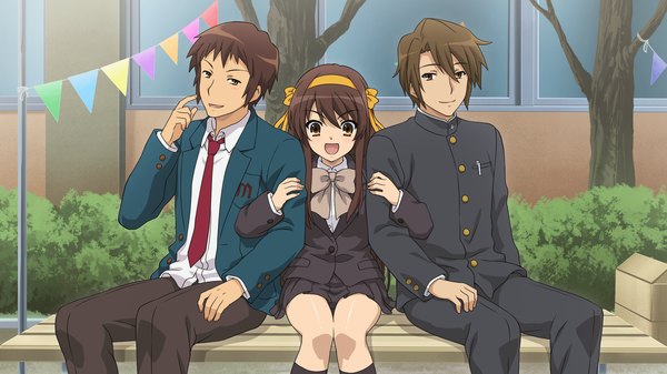 Anime picture 1920x1080 with suzumiya haruhi no yuutsu kyoto animation suzumiya haruhi kyon koizumi itsuki long hair looking at viewer highres short hair open mouth smile brown hair wide image sitting brown eyes multiple boys girl boy uniform school uniform