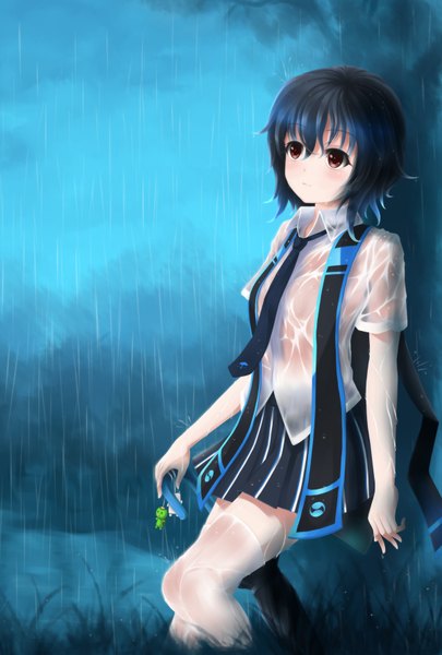 Anime picture 1200x1774 with original wsman single tall image short hair black hair red eyes rain wet clothes girl thighhighs skirt shirt white thighhighs necktie mobile phone