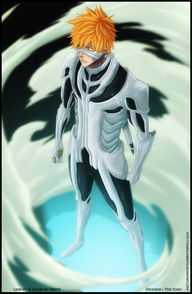 Anime picture 1024x1569 with bleach studio pierrot kurosaki ichigo diabolumberto single tall image short hair from above orange hair grey eyes coloring smoke boy armor