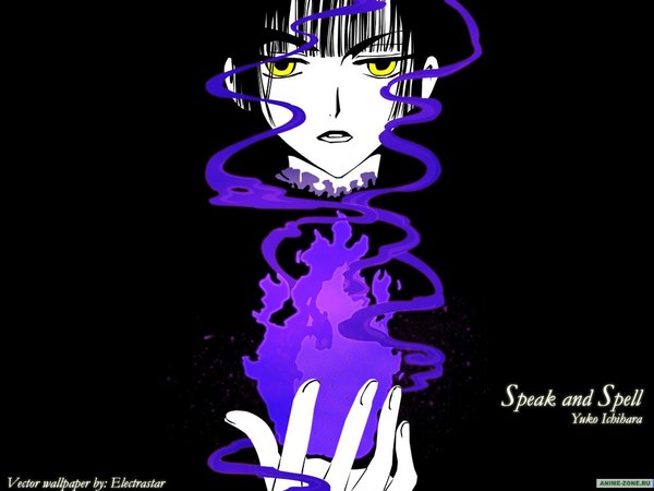 Anime picture 1024x768 with xxxholic clamp ichihara yuuko yellow eyes black background smoke girl fire