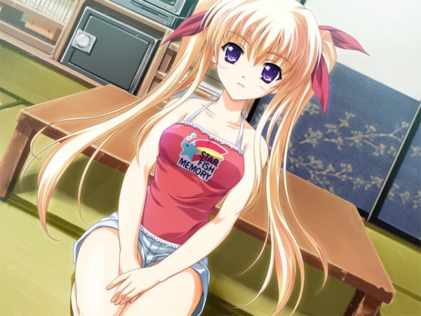 Anime picture 1200x900 with nagisano yagyuu aoi single long hair blonde hair sitting purple eyes twintails game cg girl shorts table room