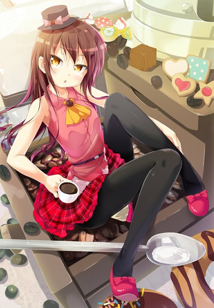 Anime picture 765x1100 with original porurin single long hair tall image looking at viewer brown hair yellow eyes girl hat pantyhose black pantyhose cup mini hat mini top hat spoon cookie (cookies) coffee