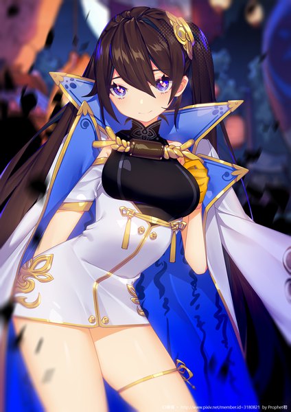 Anime picture 1414x2000 with the legend of sword and fairy: mirror of illusion yuan li prophet chu single long hair tall image looking at viewer fringe blue eyes smile hair between eyes brown hair standing blurry side ponytail watermark symbol-shaped pupils clothes on shoulders girl dress