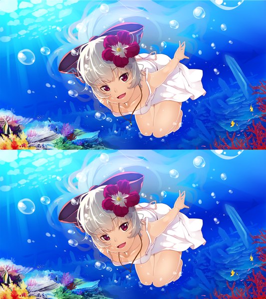 Anime picture 1900x2138 with touhou fujiwara no mokou yuuji (yukimimi) single long hair tall image highres open mouth red eyes silver hair hair flower underwater stereopair girl hair ornament bow hair bow pendant sundress bubble (bubbles)