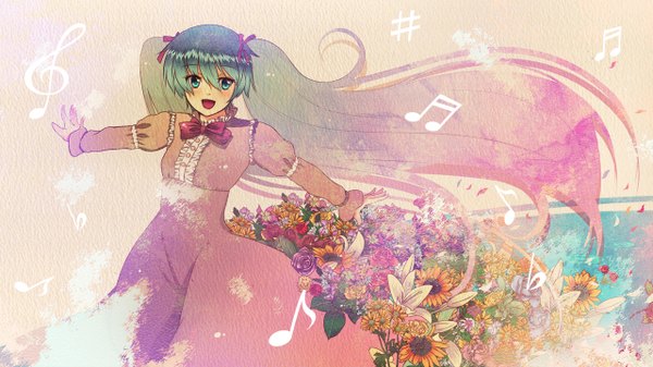 Anime picture 1280x720 with vocaloid hatsune miku furai (furai127) long hair smile wide image white background twintails multicolored hair aqua eyes aqua hair spread arms girl dress flower (flowers) musical note