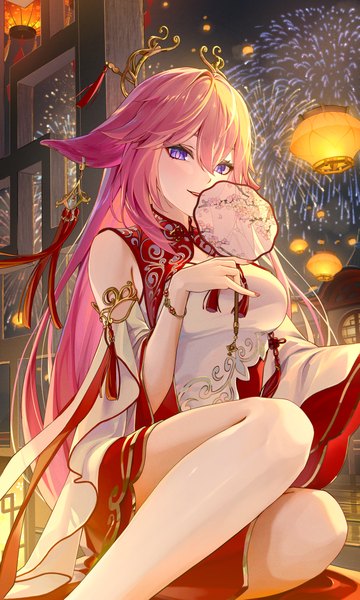 Anime picture 3000x5000 with genshin impact yae miko bibi (obb spl) single long hair tall image looking at viewer fringe highres hair between eyes sitting purple eyes animal ears pink hair indoors traditional clothes fox ears chinese clothes fireworks girl