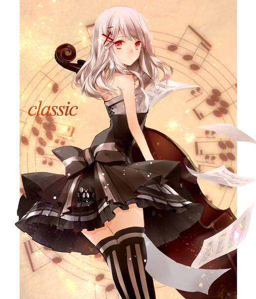 Anime picture 1200x1400 with original fukuda935 single long hair tall image looking at viewer blush red eyes silver hair looking back turning head girl thighhighs dress hair ornament bow ribbon (ribbons) black thighhighs hairclip black dress