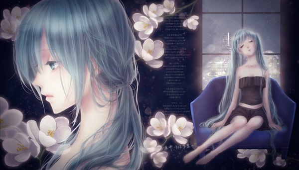 Anime picture 1754x1000 with vocaloid hatsune miku shino (syllable) long hair fringe highres open mouth wide image sitting twintails bare shoulders eyes closed barefoot aqua eyes lips aqua hair night night sky sleeping girl