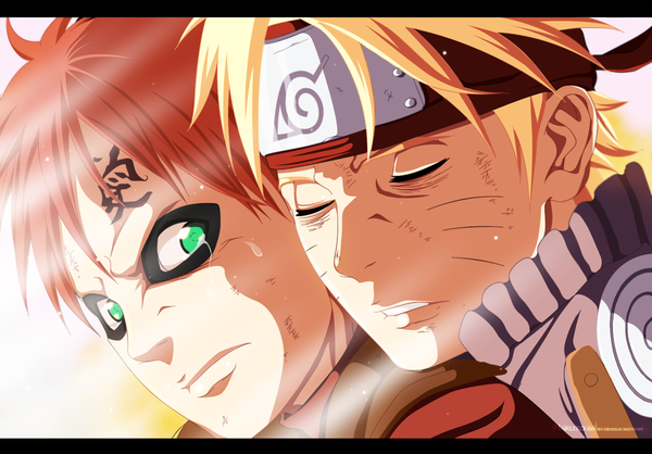 Anime picture 1500x1046 with naruto studio pierrot naruto (series) uzumaki naruto gaara devioussketcher short hair blonde hair white background green eyes red hair eyes closed multiple boys tattoo sweat coloring facial mark light close-up whisker markings