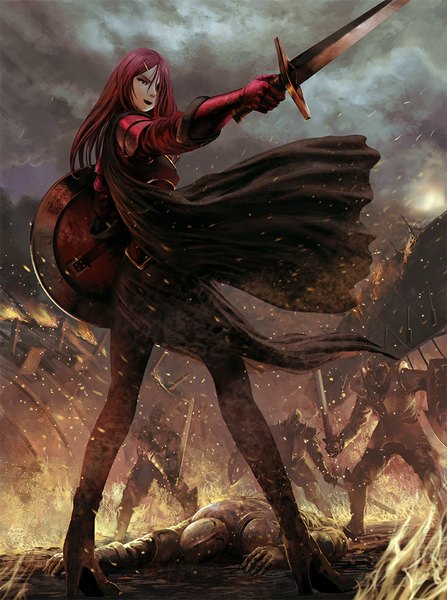 Anime picture 737x990 with original pixiv fantasia pixiv fantasia fallen kings shinjiro nobayashi long hair tall image fringe open mouth red eyes standing holding looking away red hair lying looking back wind from behind hair over one eye teeth pointing