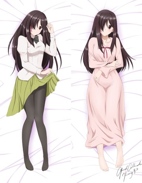 Anime picture 1024x1319 with katawa shoujo ikezawa hanako kimmy77 long hair tall image blush fringe black hair smile brown eyes full body pleated skirt barefoot hair over one eye dakimakura (medium) dual persona girl dress skirt uniform