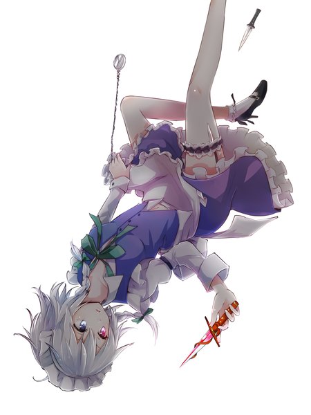 Anime picture 1050x1400 with touhou izayoi sakuya shirofox (artist) single tall image short hair simple background white background white hair maid heterochromia girl socks frills headdress maid headdress white socks knife