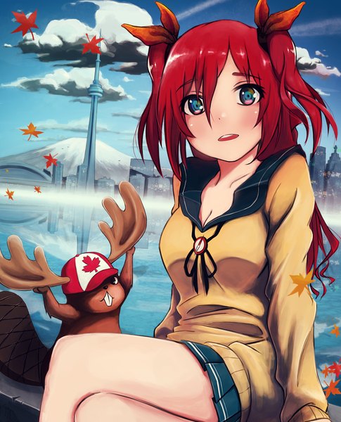 Anime picture 6300x7800 with original hoppouno momiji shyua single long hair tall image looking at viewer highres open mouth blue eyes twintails absurdres sky cloud (clouds) red hair pleated skirt city reflection girl skirt