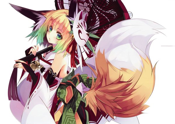 Anime picture 4648x3289 with shirokitsune single looking at viewer blush highres short hair blonde hair white background holding green eyes animal ears absurdres tail traditional clothes head tilt japanese clothes animal tail looking back multicolored hair green hair