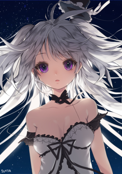 Anime picture 700x1000 with original sorolp single long hair tall image looking at viewer fringe open mouth purple eyes twintails bare shoulders signed cleavage grey hair night night sky close-up girl ribbon (ribbons) hat