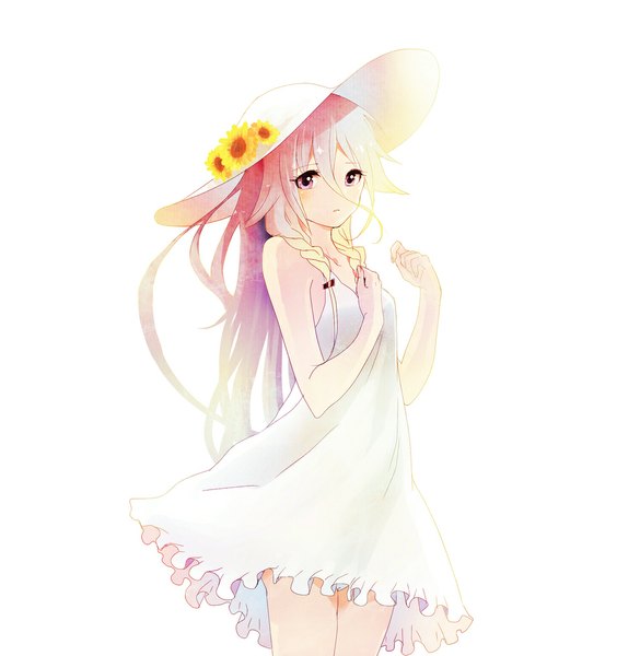 Anime picture 1000x1026 with vocaloid ia (vocaloid) nonoharak single long hair tall image looking at viewer blush simple background standing white background bare shoulders white hair pink eyes wind girl dress flower (flowers) hat white dress