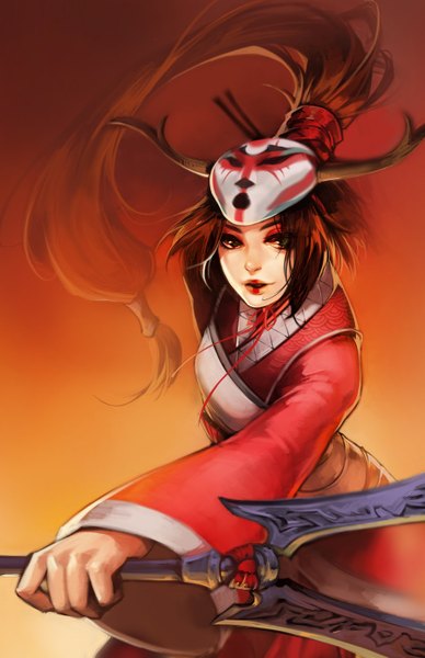 Anime picture 900x1391 with league of legends akali (league of legends) ippus single long hair tall image looking at viewer open mouth brown hair holding green eyes ponytail traditional clothes horn (horns) wide sleeves lipstick gradient background outstretched arm chinese clothes mask on head
