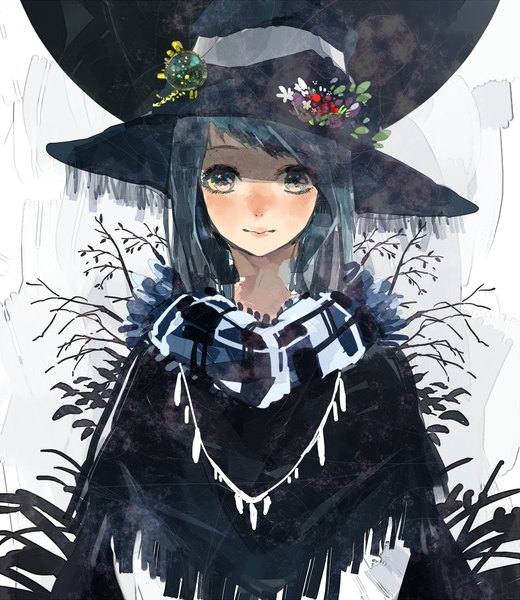 Anime picture 1000x1152 with original yamato (aoiaoiao921) single long hair tall image looking at viewer blush blue eyes blue hair witch multicolored eyes girl plant (plants) hat headdress scarf witch hat necklace branch brooch