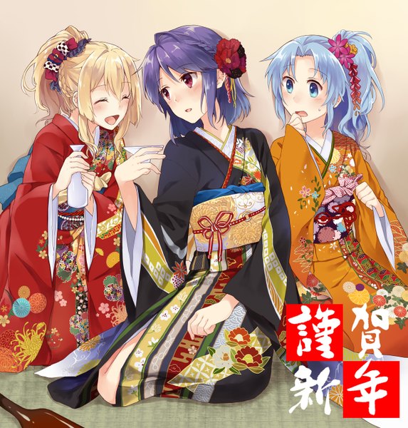 Anime picture 1305x1366 with original konatsu hare long hair tall image blush short hair open mouth blue eyes blonde hair red eyes multiple girls blue hair ponytail eyes closed traditional clothes japanese clothes hair flower girl hair ornament flower (flowers)