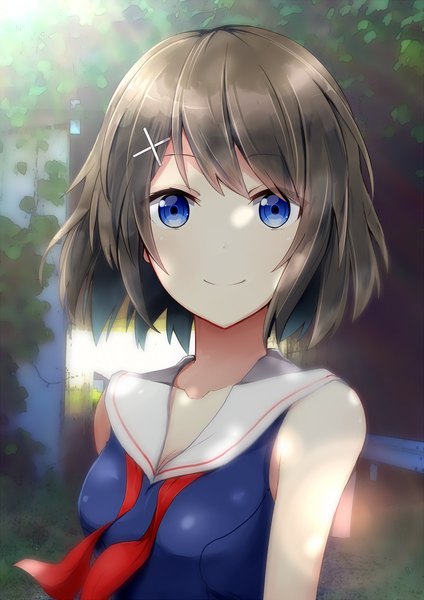 Anime picture 1050x1485 with kantai collection maya heavy cruiser aa (sin2324) single tall image looking at viewer fringe short hair breasts blue eyes smile brown hair bare shoulders sunlight portrait girl uniform plant (plants) tree (trees) serafuku