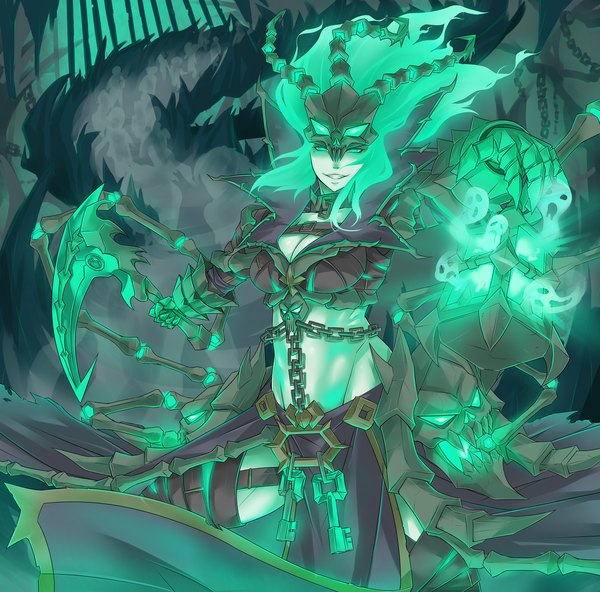 Anime picture 1800x1776 with league of legends thresh (league of legends) exaxuxer single long hair looking at viewer highres breasts light erotic green eyes green hair mole midriff mole under eye genderswap girl gloves weapon chain mask
