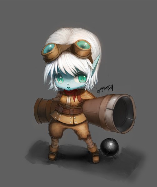 Anime picture 1632x1944 with league of legends tristana (league of legends) yoonyuljjang chrier single tall image short hair simple background white hair aqua eyes grey background chibi girl weapon glasses necktie belt goggles