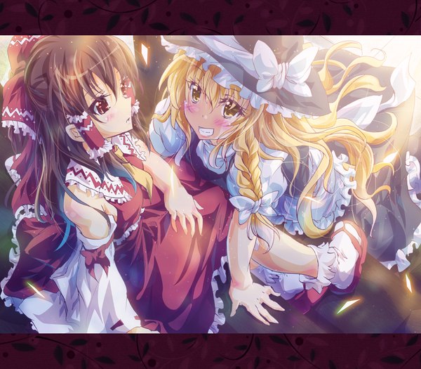 Anime picture 1600x1400 with touhou hakurei reimu kirisame marisa inoshishi (ikatomo) long hair blush black hair blonde hair red eyes multiple girls yellow eyes braid (braids) girl dress bow 2 girls hair bow detached sleeves witch hat