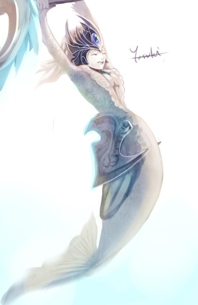 Anime picture 1280x1968 with league of legends nami (league of legends) yosuki (artist) single long hair tall image open mouth simple background smile tail eyes closed fish tail girl staff mermaid