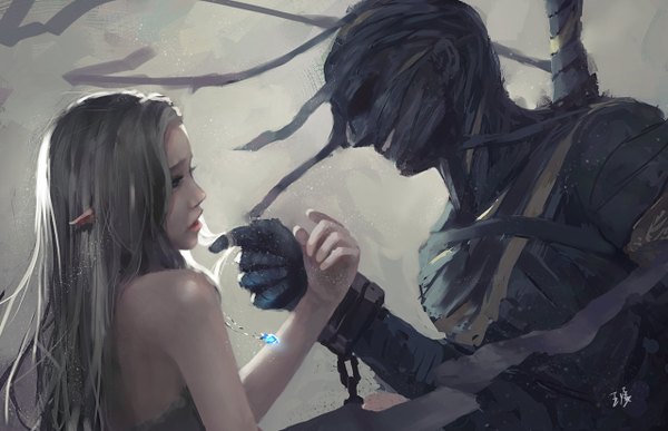 Anime picture 1280x826 with ghost blade yan (ghost blade) ghostblade wlop long hair open mouth bare shoulders signed profile pointy ears grey hair black eyes couple bare tree girl boy weapon pendant chain bandage (bandages)