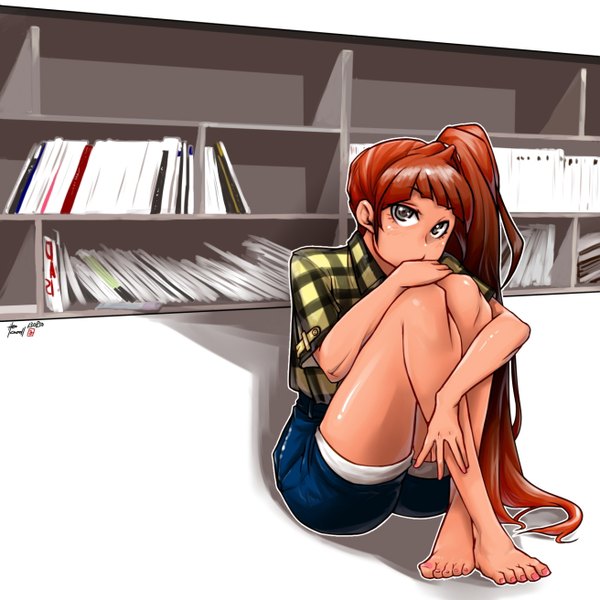 Anime picture 1311x1311 with original caooll (co-ohol) single long hair looking at viewer sitting red hair black eyes side ponytail girl shorts clothes