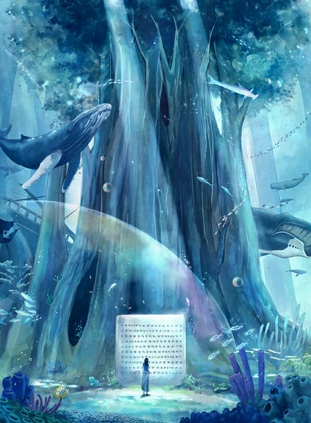 Anime picture 850x1156 with one piece toei animation nico robin megatruh single tall image short hair black hair from behind underwater girl skirt plant (plants) animal tree (trees) bubble (bubbles) fish (fishes) long skirt whale coral