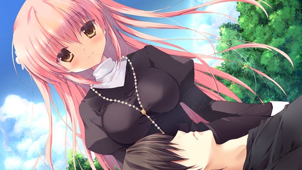 Anime picture 1280x720 with izayoi no fortuna shiomiya lucia miyasaka miyu long hair blush short hair wide image brown eyes pink hair game cg light smile couple girl dress boy