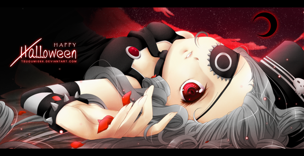 Anime picture 1000x516 with original rosuuri long hair red eyes wide image cloud (clouds) lying grey hair inscription night sky drill hair halloween crescent happy halloween girl dress hat petals black dress moon