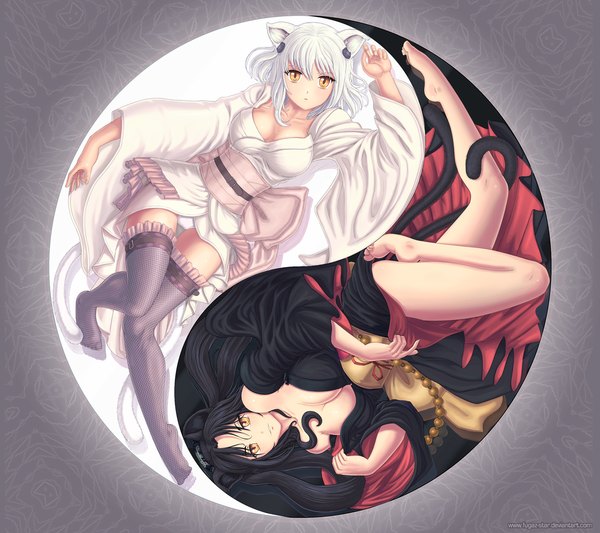Anime picture 1024x910 with highschool dxd toujou koneko kuroka (high school dxd) fugaz-star long hair blush fringe short hair breasts light erotic black hair large breasts multiple girls animal ears yellow eyes bent knee (knees) white hair tail traditional clothes japanese clothes