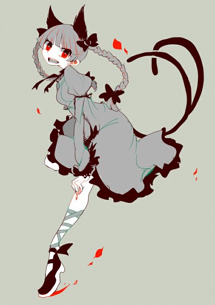 Anime picture 600x848 with touhou kaenbyou rin masaki (ngayope) single long hair tall image looking at viewer fringe open mouth simple background red eyes standing animal ears tail braid (braids) long sleeves animal tail cat ears grey background cat girl