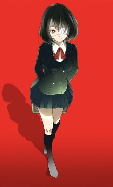 Anime picture 911x1500 with another p.a. works misaki mei phantania single tall image short hair black hair simple background smile red eyes from above shadow red background girl uniform school uniform socks black socks eyepatch