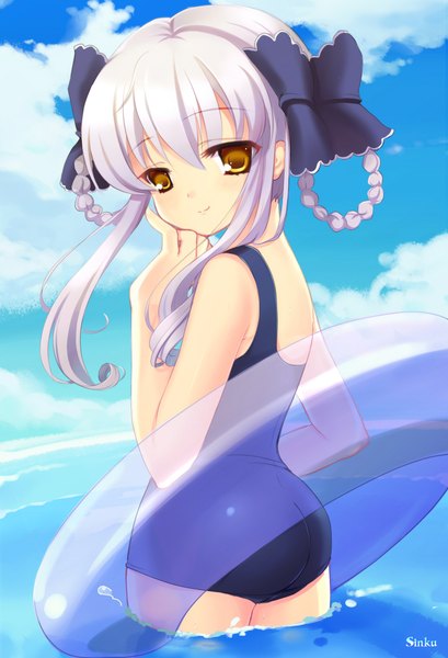 Anime picture 1500x2200 with da capo yukimura anzu yadamon (neverland) single tall image highres twintails yellow eyes cloud (clouds) white hair loli girl swimsuit