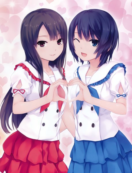 Anime picture 1841x2408 with coffee-kizoku long hair tall image highres short hair open mouth blue eyes red eyes brown hair multiple girls blue hair one eye closed wink heart hands girl skirt 2 girls frills heart