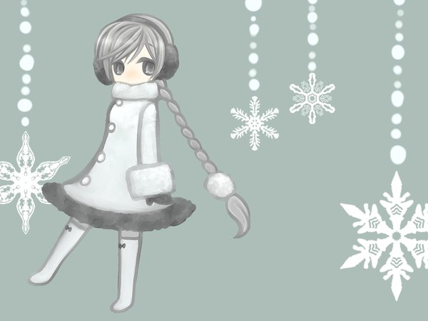 Anime picture 1600x1200 with hashidate midori braid (braids) grey eyes monochrome girl gloves coat snowflake (snowflakes) earmuffs